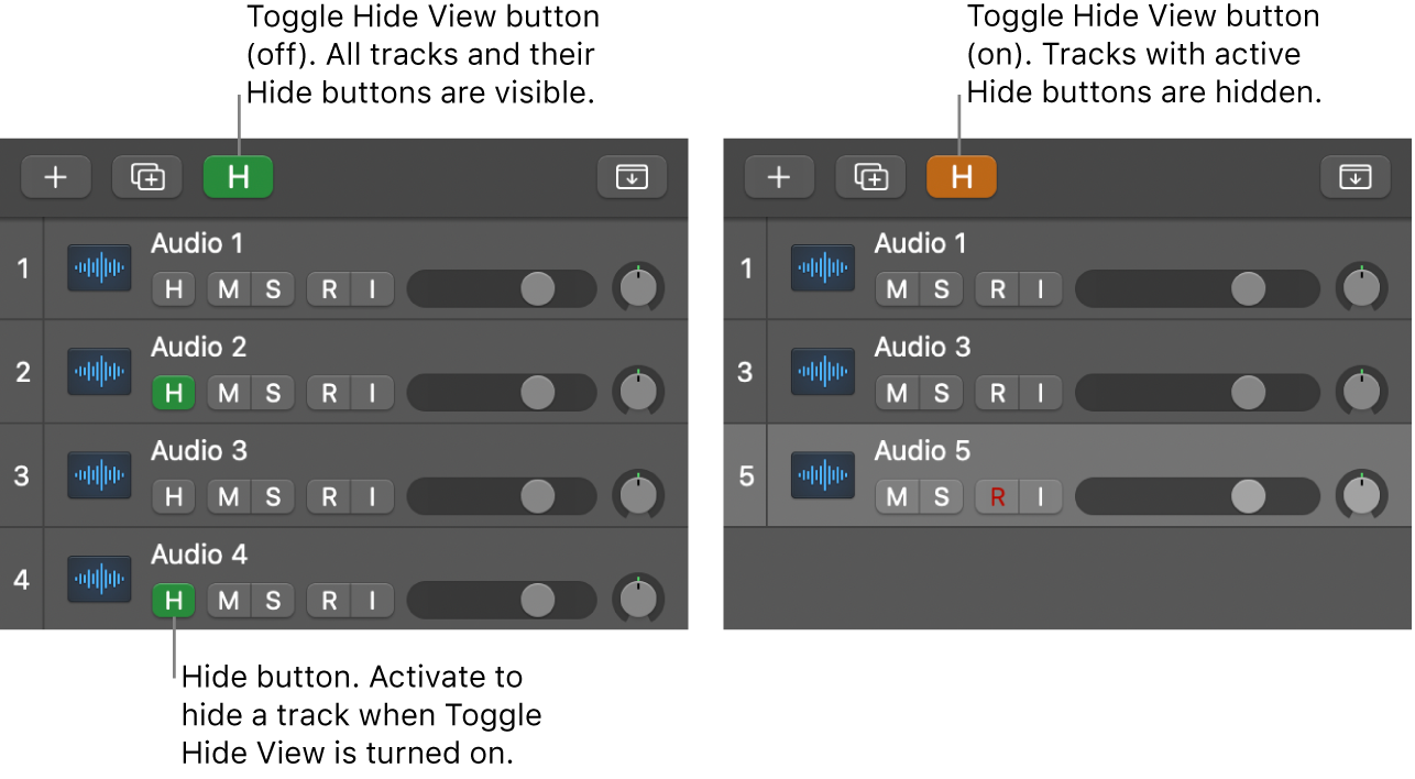 Hide button and Toggle Hide View button.
