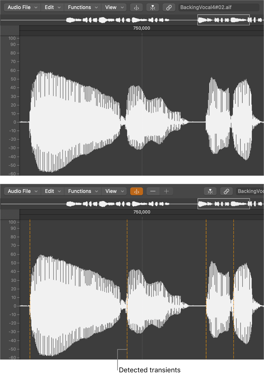 Figure. Audio region in Sample Editor, without transients and with transients.
