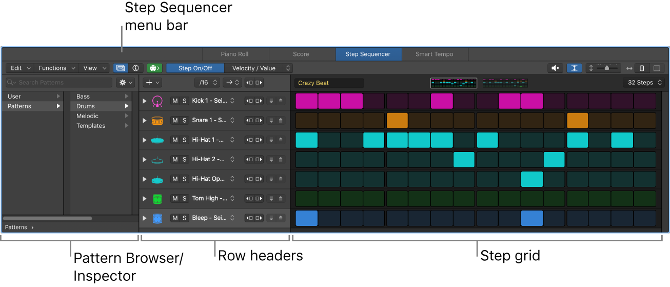 Step Sequencer user interface, showing the step grid, row headers, menu bar, and Pattern Browser.