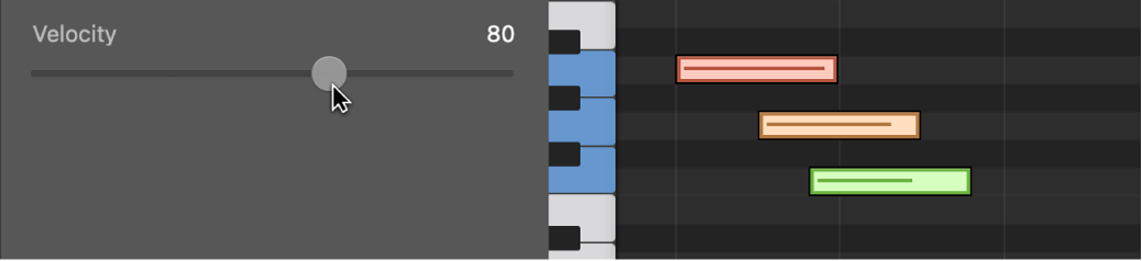 Figure. Changing the value of three note events with the Velocity slider in the Piano Roll Editor header.