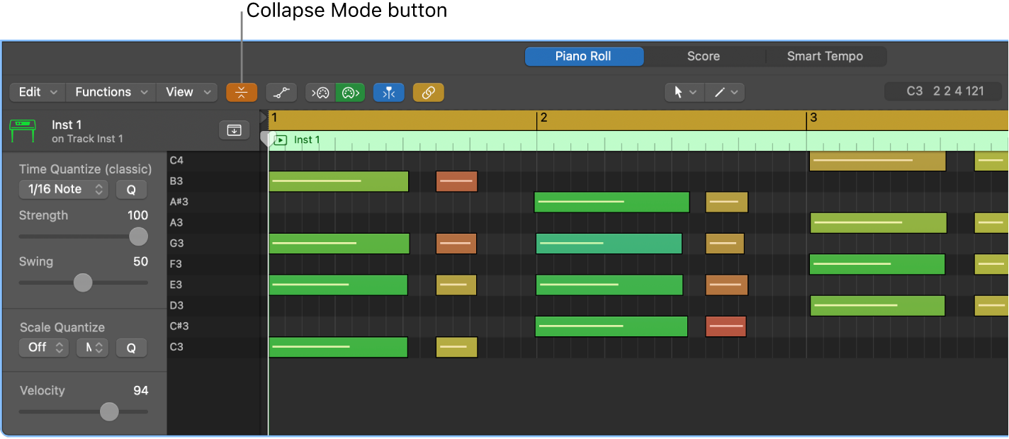 Figure. Piano Roll Editor, pointing out Collapse Mode button.