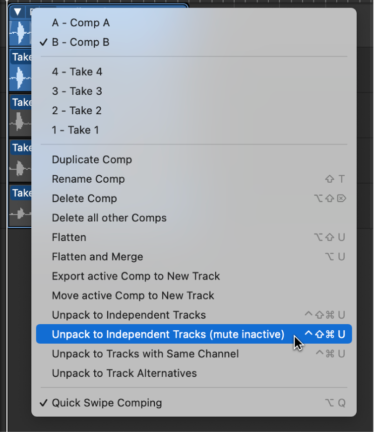 Figure. Choosing Unpack to Independent Tracks (mute inactive) from the pop-up menu.