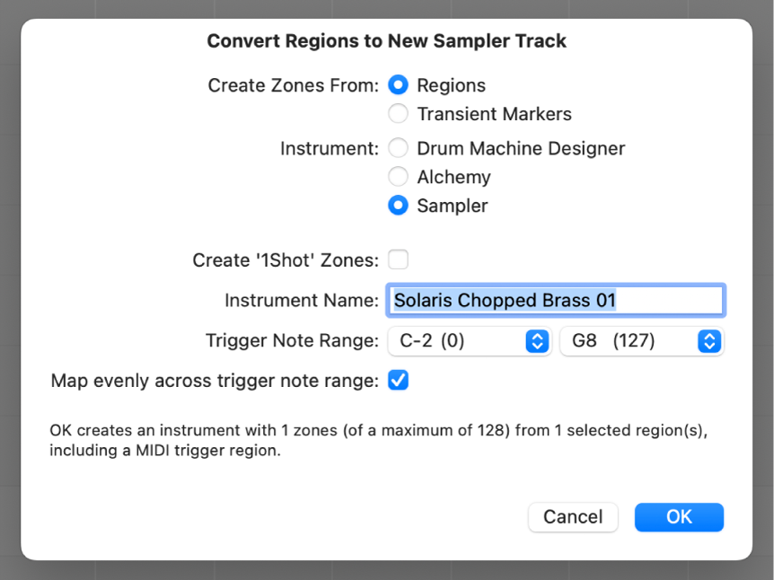 Figure. Convert Regions to New Sampler Track dialog.