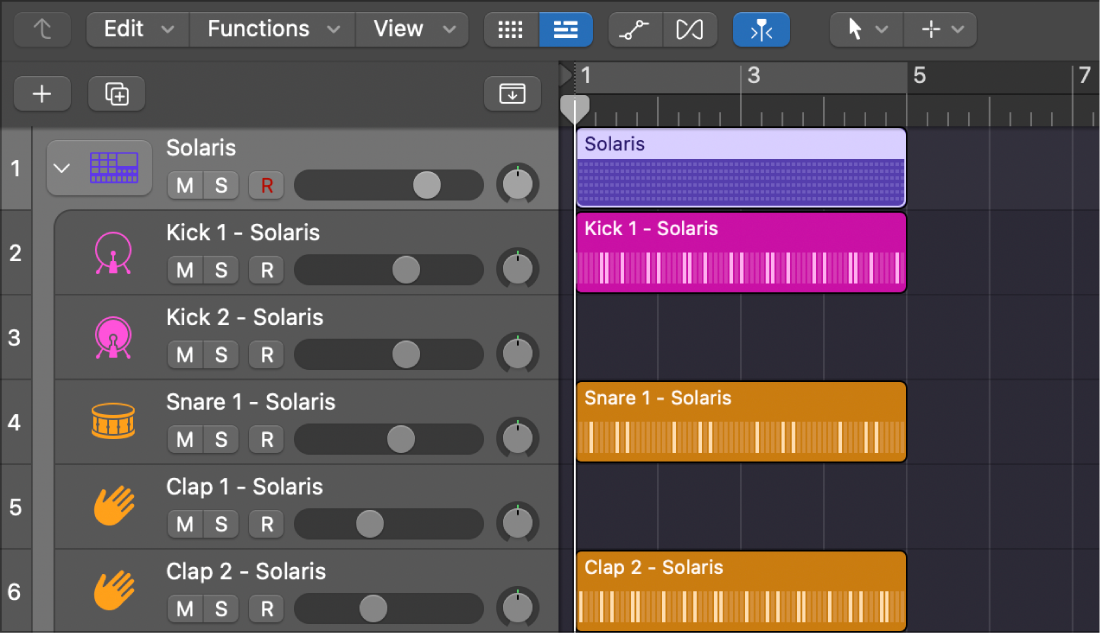 Drum Machine Designer track stack now split, showing pattern regions on subtracks.