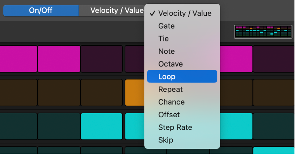 Step Sequencer Edit Mode selector, showing different edit modes.