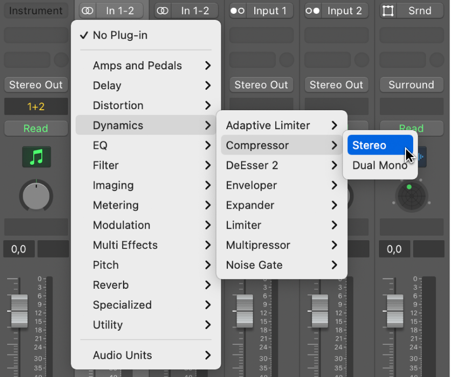 Figure. Choosing an audio effect from the pop-up menu.