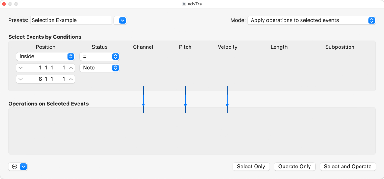 Figure. Transform window showing settings to make note selections for edit operations.