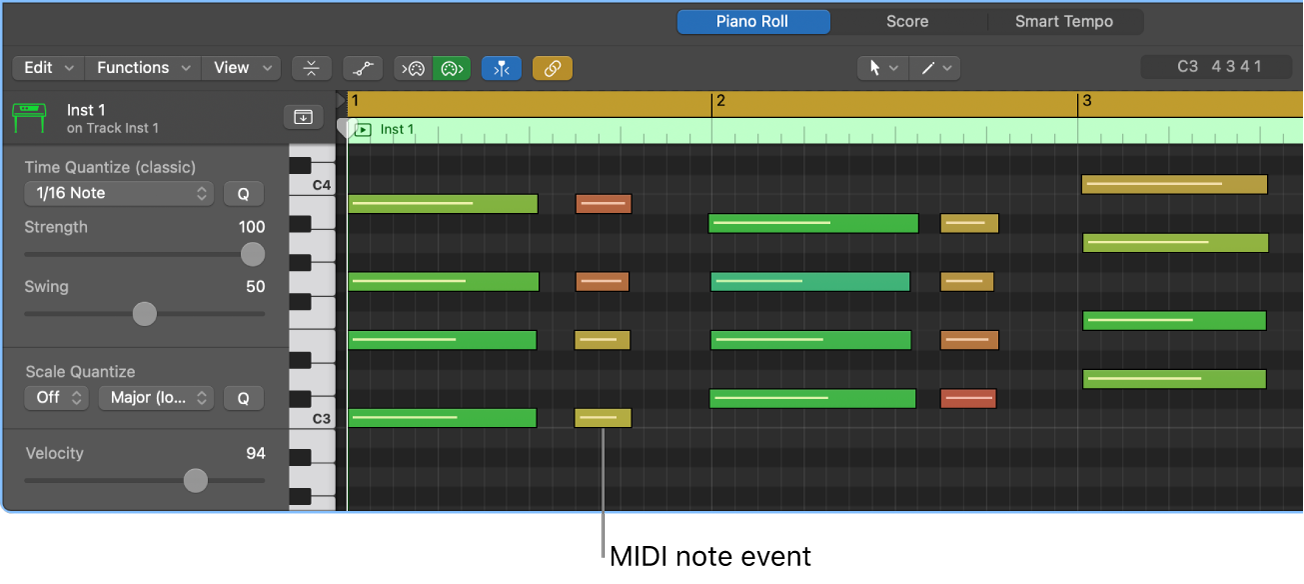 Figure. Piano Roll Editor, pointing out MIDI note event.
