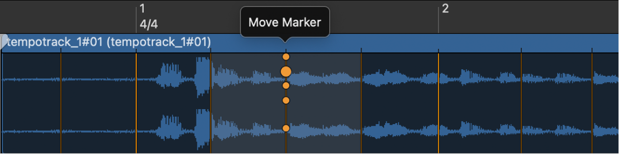 Figure. Smart Tempo Editor showing beat markers, with Move Marker handle selected.