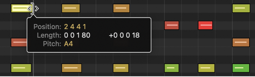 Figure. Dragging the lower-right edge of a MIDI note in the Piano Roll Editor. The Help tag shows the note length.