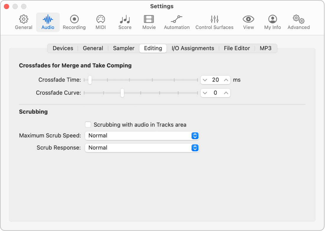 Figure. Audio Editing settings.