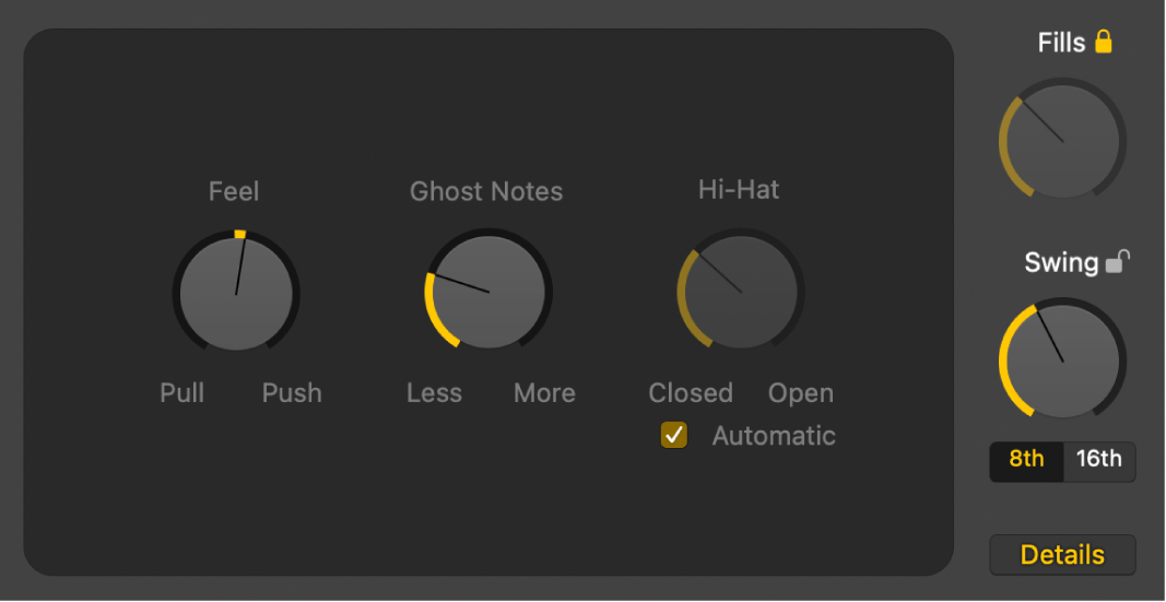 Figure. Drummer Editor with the Details button selected, showing the Feel, Ghost Notes, and Hi-Hat knobs.