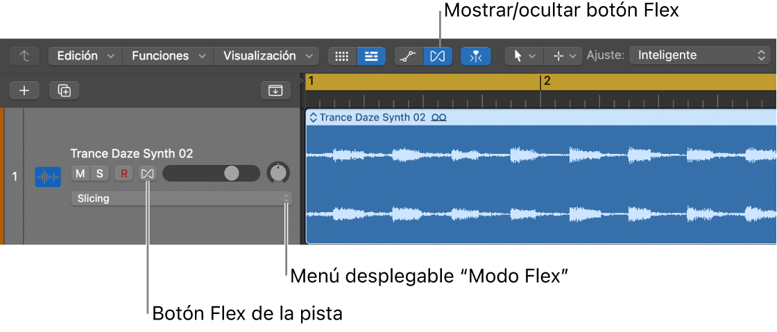 Ilustración. Botón Flex y menú desplegable “Modo Flex” en una cabecera de pista de audio.