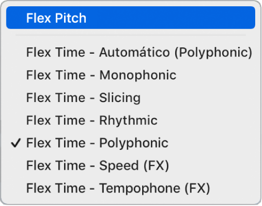 Ilustración. Menú desplegable “Modo Flex” con el modo Flex Pitch seleccionado.