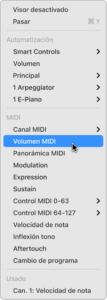 Ilustración. Datos MIDI seleccionados en el menú desplegable de parámetro de automatización/MIDI.