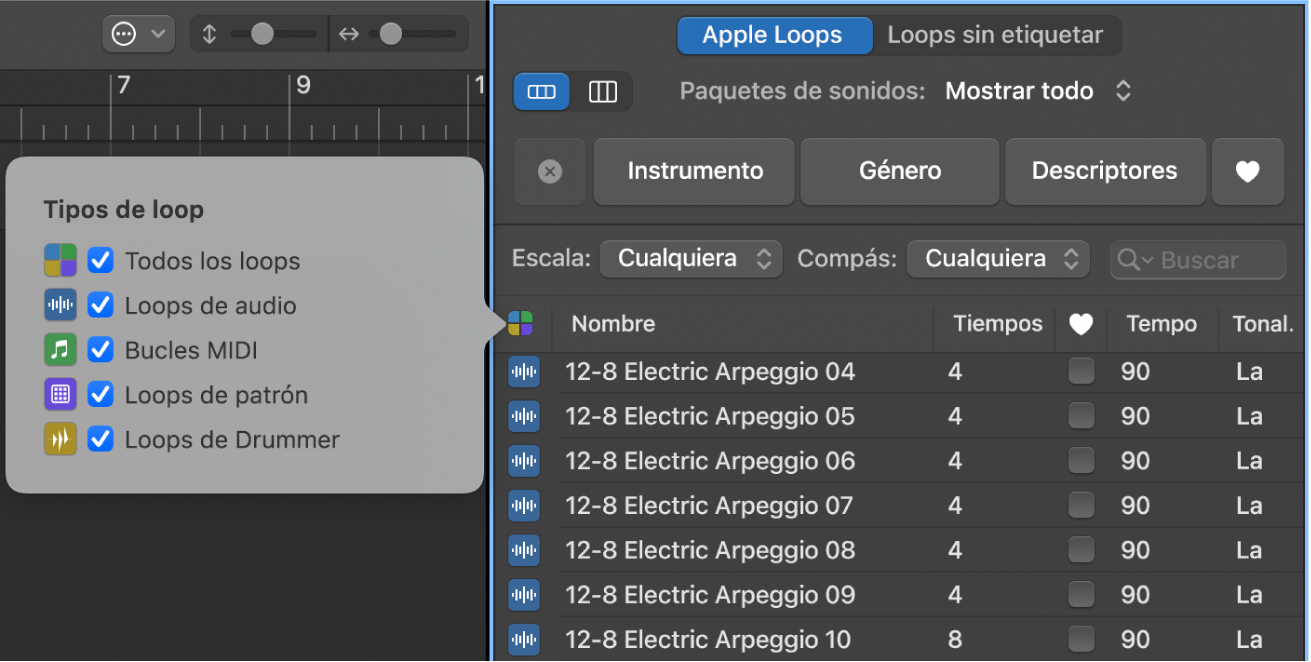 Explorador de loops con el botón “Tipos de loop” y opciones.
