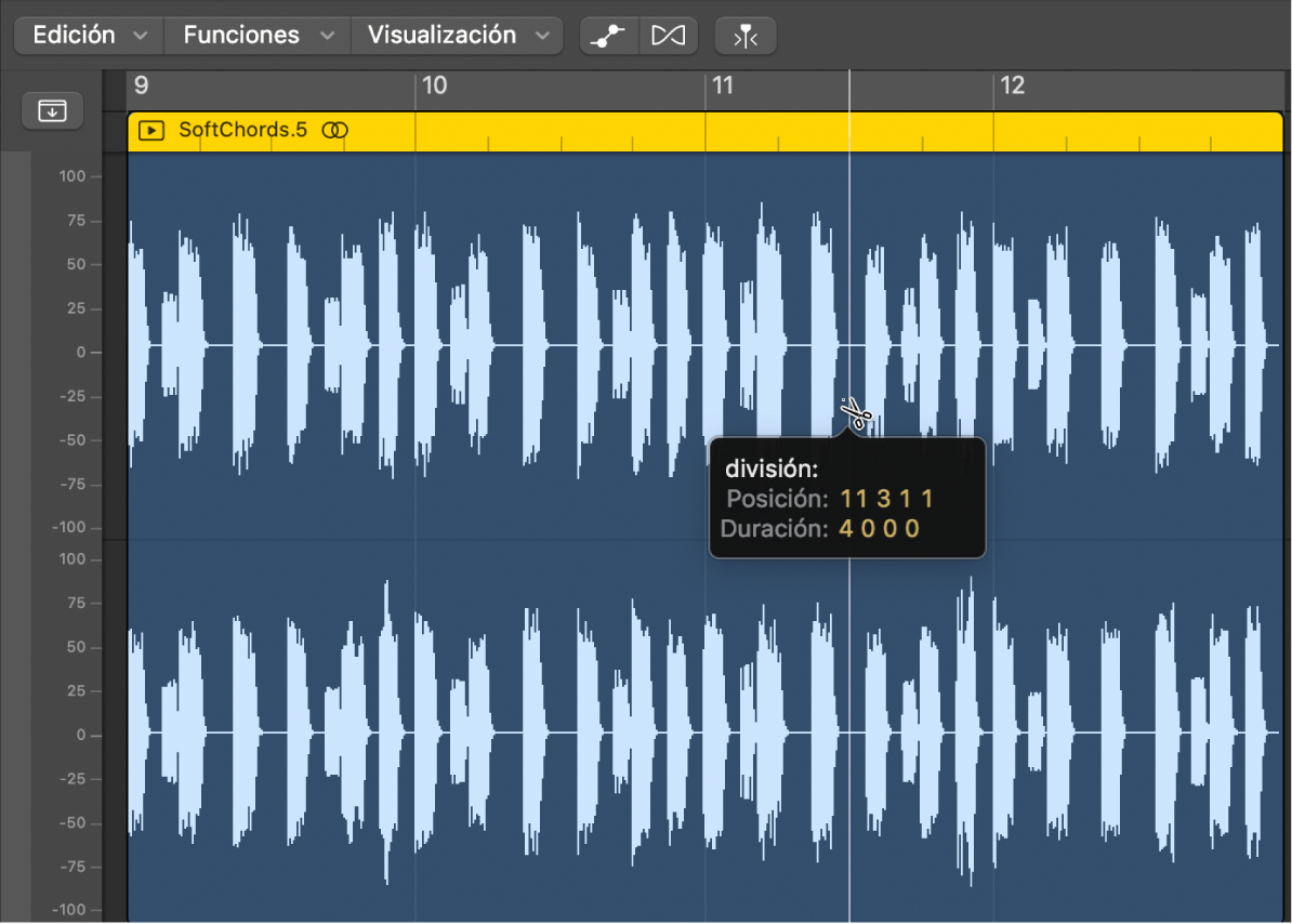 Ilustración. Se está editando un pasaje de audio en el editor de pistas de audio.
