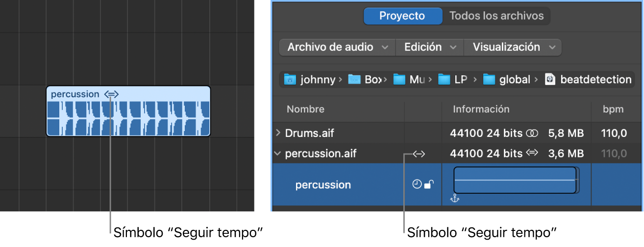 Ilustración. Símbolo “Seguir tempo” en un pasaje de audio, y en el explorador de audio del proyecto.