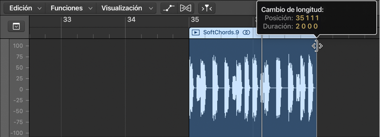 Ilustración. Se está acortando un pasaje de audio en el editor de pistas de audio. La etiqueta de ayuda muestra la longitud del pasaje.