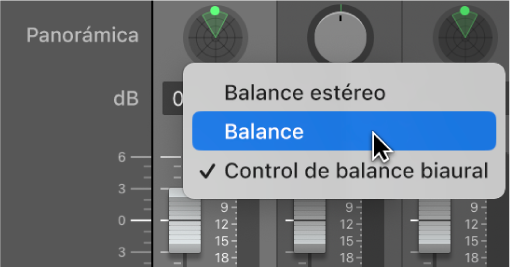 Menú de función rápida para un potenciómetro Panorámica que muestra las opciones “Balance estéreo”, Balance y “Control de balance binaural”.