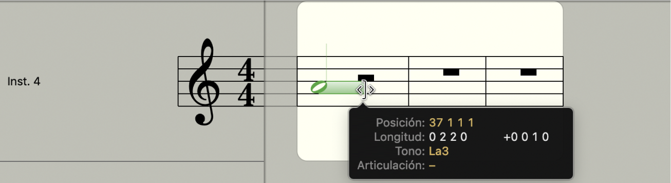 Ilustración. Se está ampliando la barra de duración de nota en el editor de partituras.