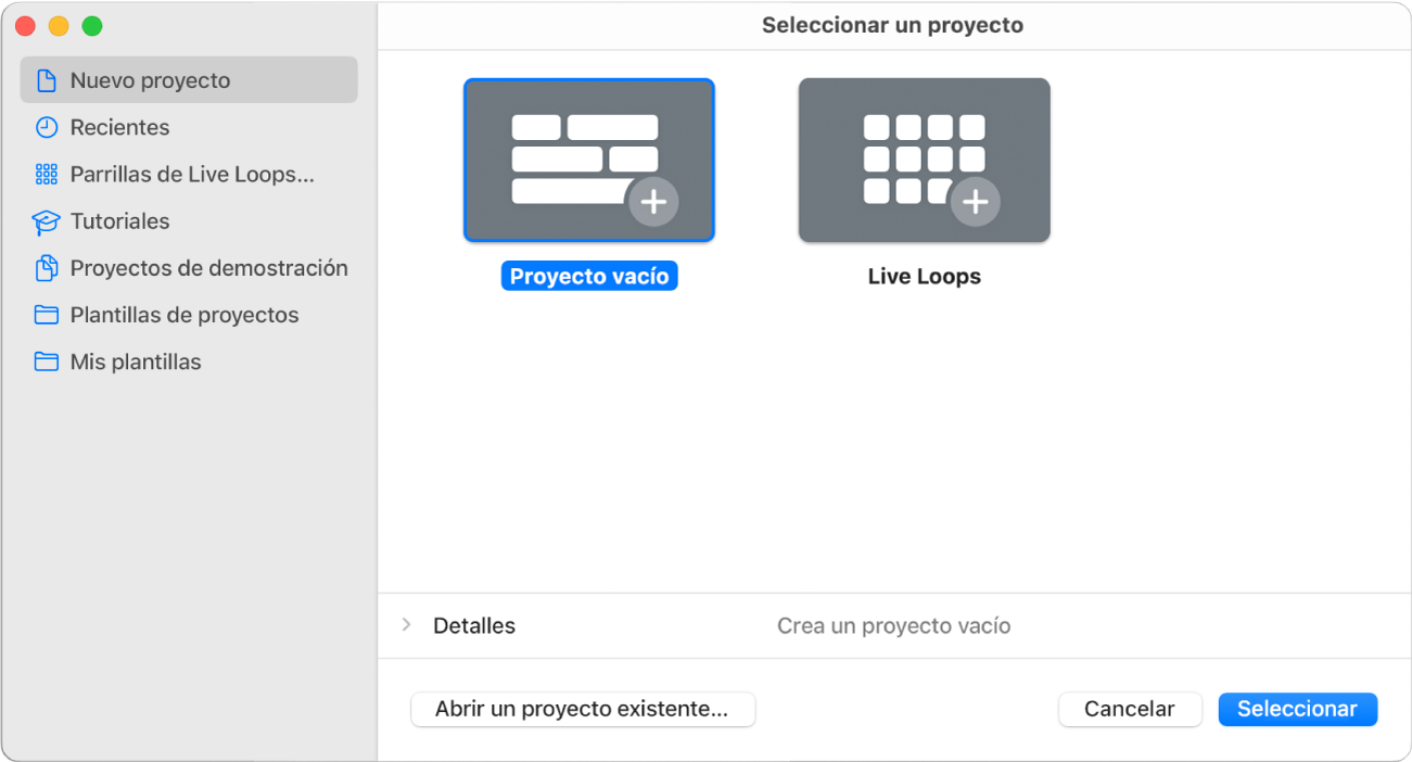 Ilustración. Selector de proyectos con la opción “Proyecto vacío” seleccionada.