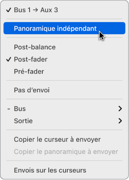 Figure. Mode Panoramique indépendant dans le menu local Envoyer.
