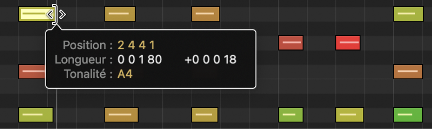 Figure. Glissement du bord inférieur droit d’une note MIDI dans l’éditeur de partition défilante. La bulle d’aide mentionne la durée de la note.