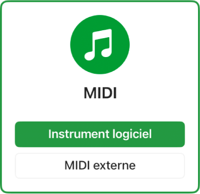 Figure. Sélection du bouton « Instrument logiciel et MIDI » dans la zone de dialogue Nouvelles pistes.