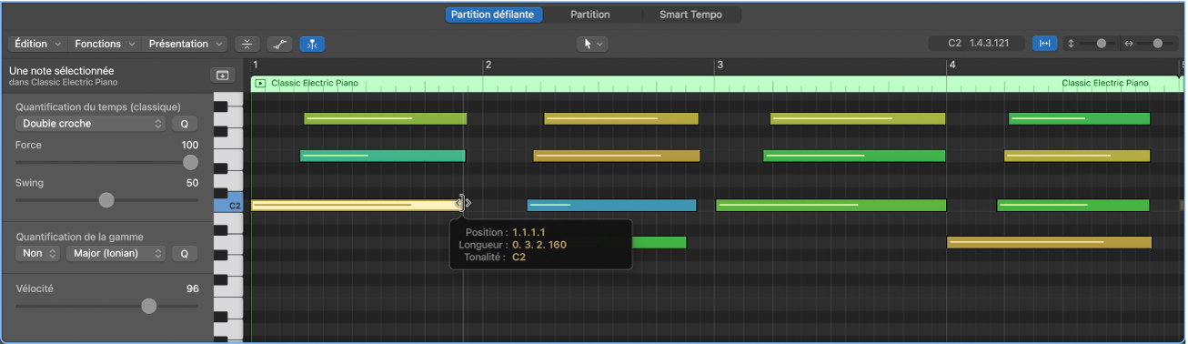 Figure. Modification d’un évènement de note MIDI dans l’éditeur de partition défilante.