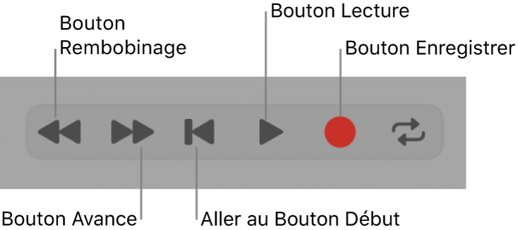 Figure. Boutons de transport de base : Rembobinage, Avance, Arrêt, Lecture et Enregistrer.
