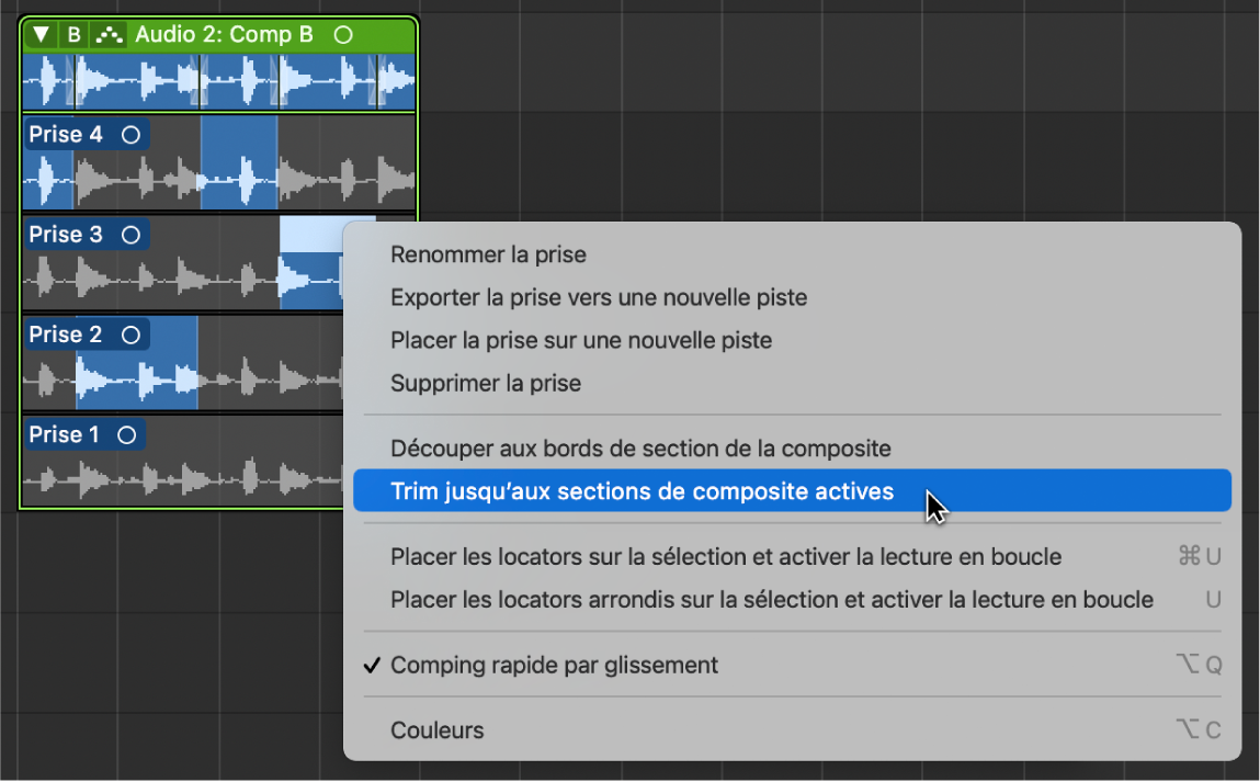 Figure. Sélection de « Trim jusqu’aux sections de composite actives » dans le menu contextuel.