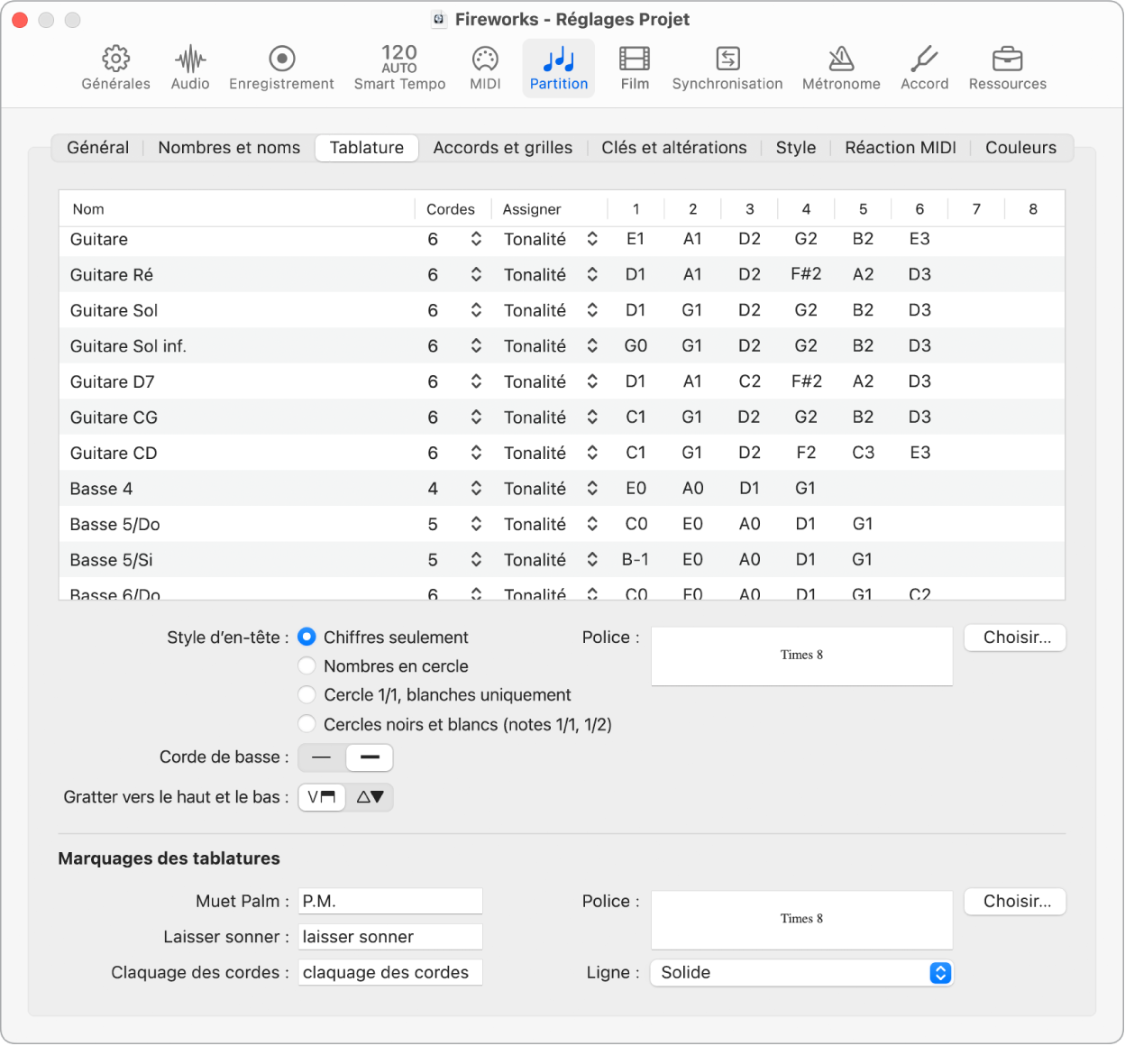 Réglages de tablature du projet dans Logic Pro for Mac - Assistance Apple