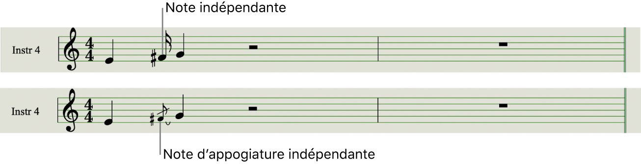 Figure. Notes et appoggiatures indépendantes dans l’éditeur de partition