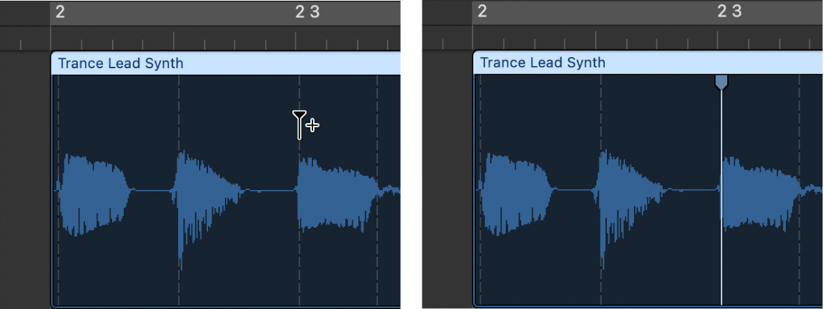 Figure. Région audio illustrant la création d’un marqueur Flex sur un marqueur d’élément transitoire.