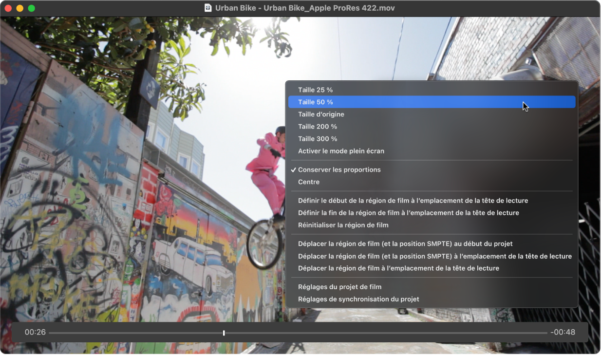 Figure. Fenêtre Film présentant les formats d’image dans le menu contextuel.
