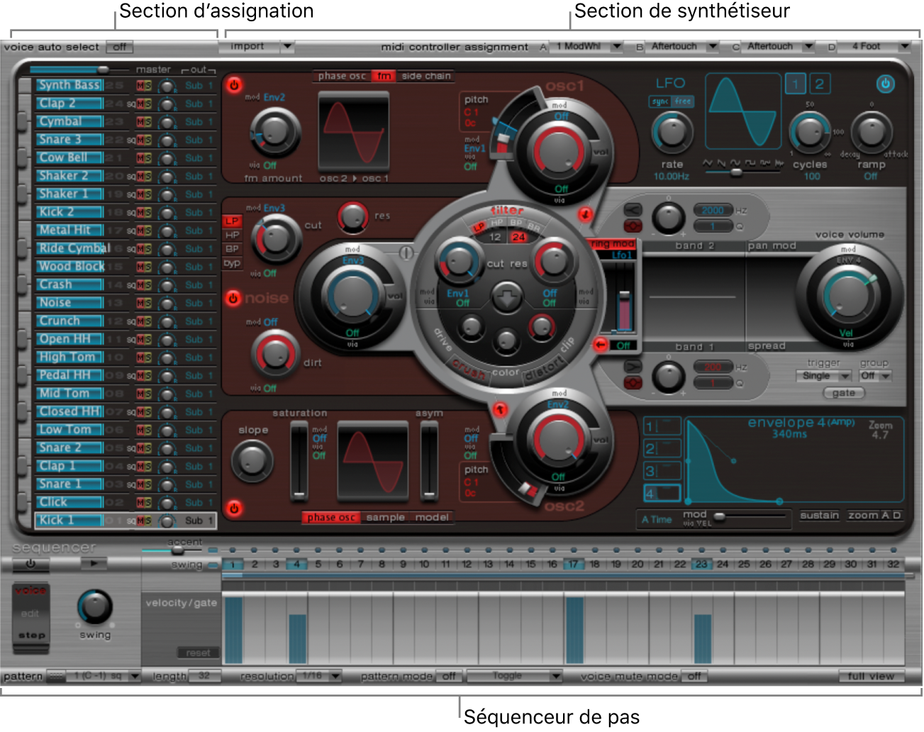 Figure. Fenêtre Ultrabeat avec les différentes parties de l’interface principale.