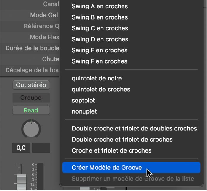 Figure. Option « Créer un modèle de Groove » sélectionnée dans le menu local Quantifier.