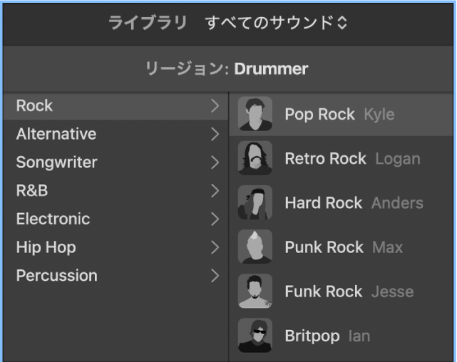 図。ライブラリに、Drummerのジャンルと、使用できるドラマーが表示されています。