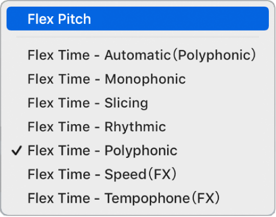 図。「Flex Pitch」モードが選択された「Flexモード」ポップアップメニュー。
