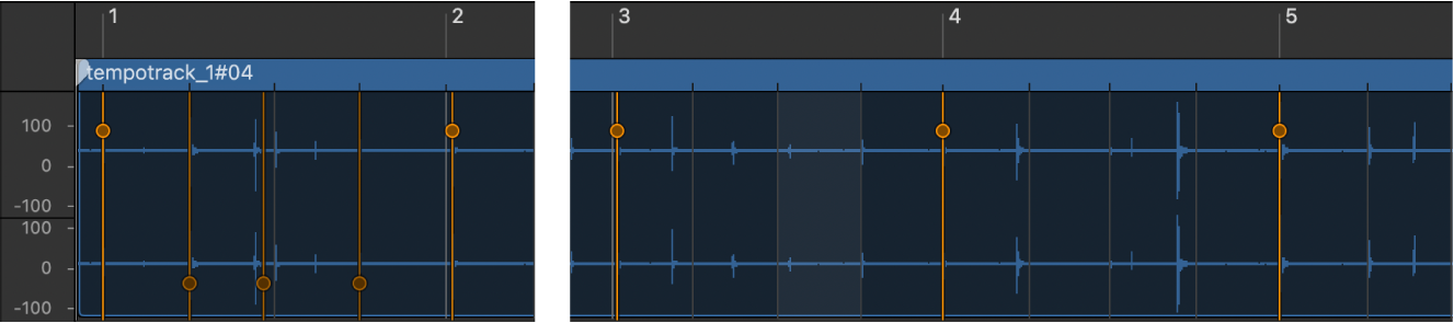 図。テンポの範囲を追加する方法を示したスマートテンポエディタ。1小節中の拍ごとにヒントがあり、3小節にわたってダウンビートのヒントがあります。