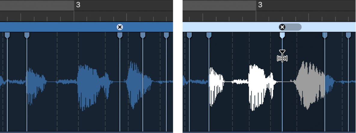 그림. Flex 마커를 왼쪽으로 이동하기 전과 후의 리전을 표시하는 두 개의 오디오 리전.