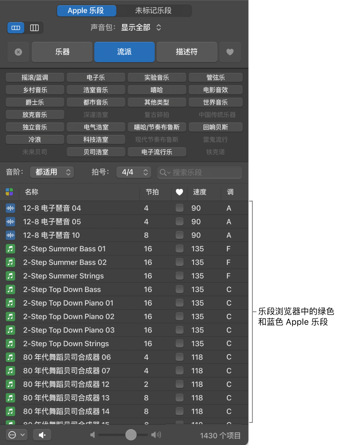 显示 MIDI（绿色）和音频（蓝色）Apple 乐段的乐段浏览器。