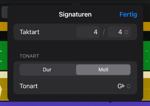 Das Dialogfenster „Taktart/Tonart“ mit dem Bereich „Taktart“ und den Steuerelementen „Anzahl der Beats“ und „Notenwert“.