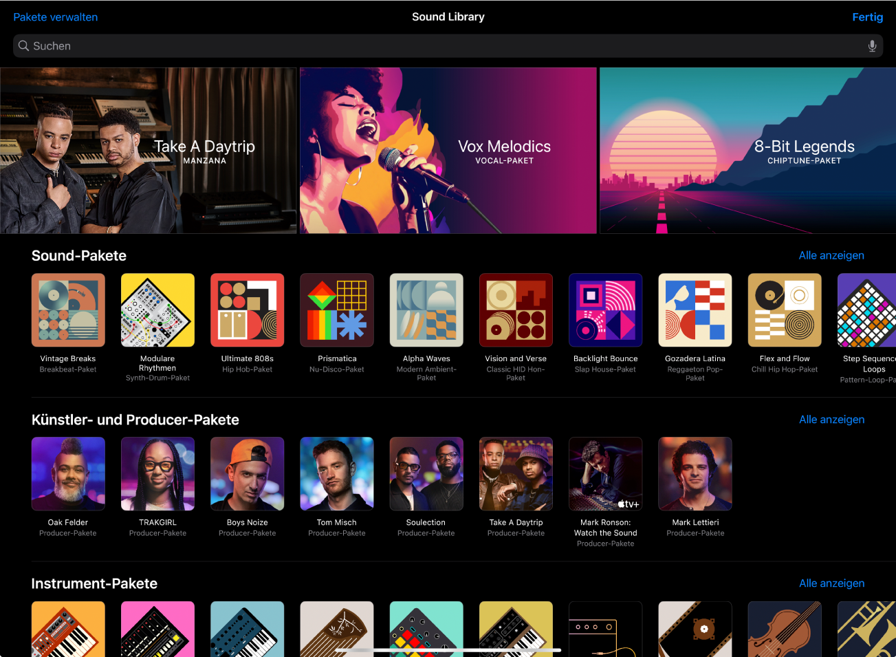 Abbildung. Die Sound Library in Logic Pro für iPad.