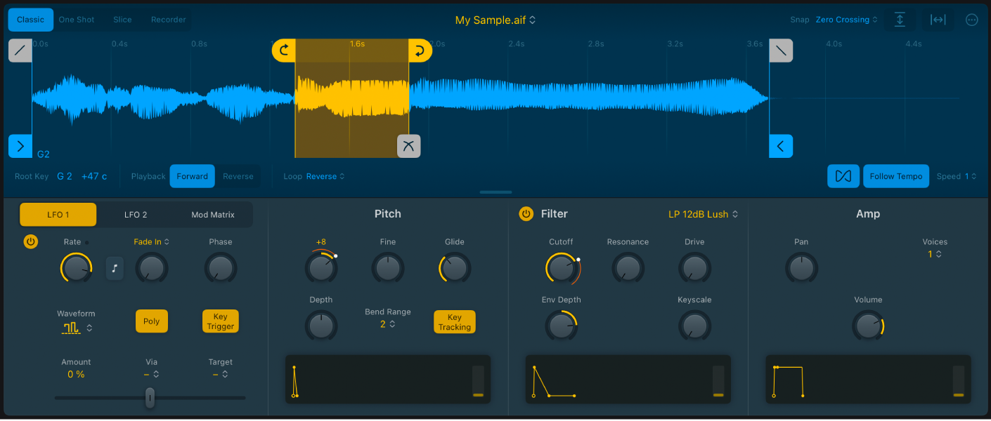 Abbildung. Die Wellenformanzeige des Quick Sampler-Modus „Classic“ zeigt Start- und Ende-Marker, Loop-Start- und Loop-Ende-Marker sowie eine Loop-Region, einen Crossfade-Marker und zugehörige Parameter des Modus „Classic“.