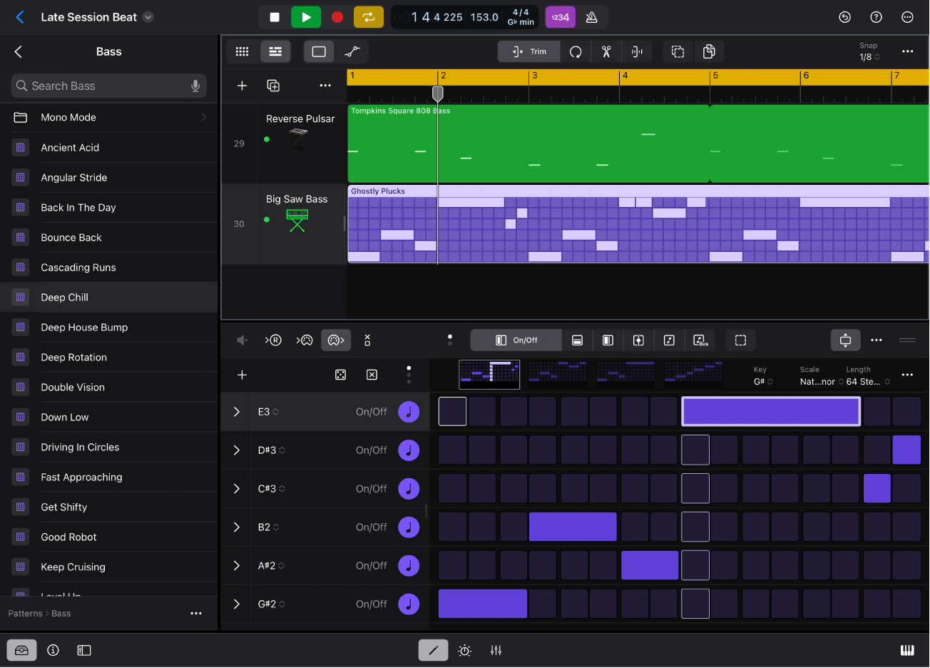 Figure. Logic Pro for iPad showing Patterns view in the Browser.