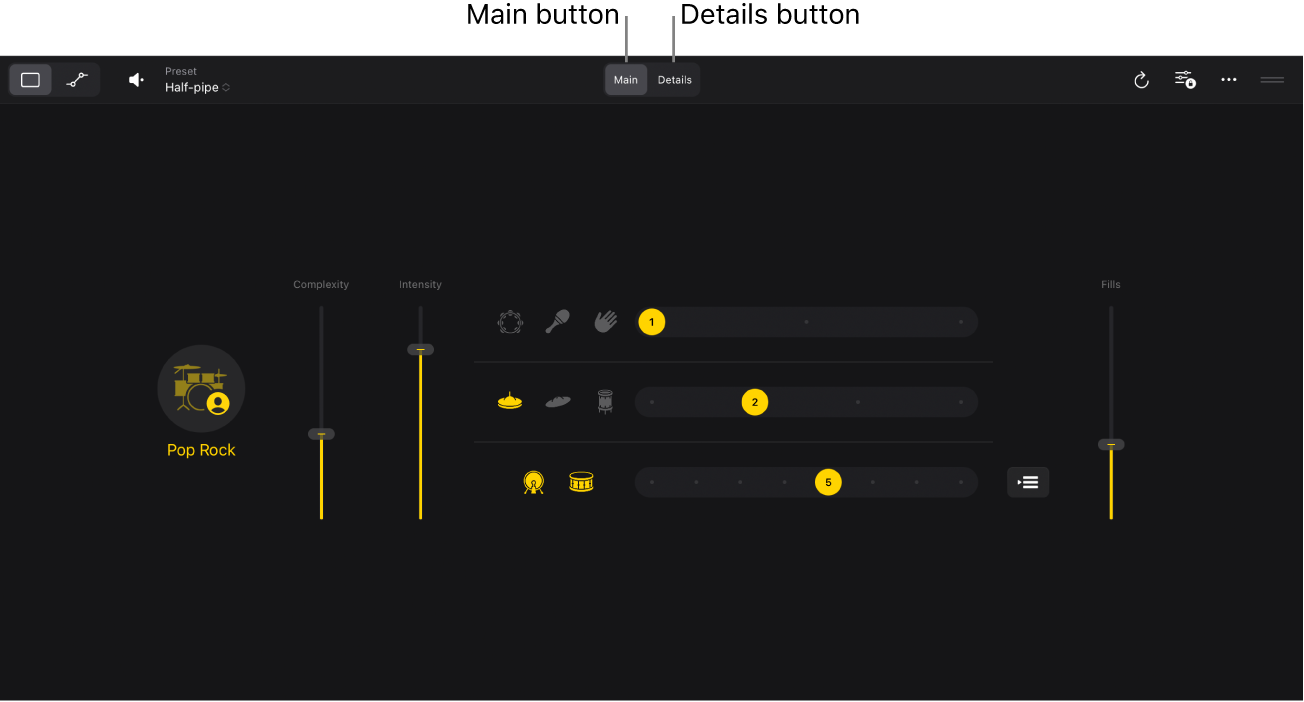 Figure. The Main button and Details button in the Drummer Editor.