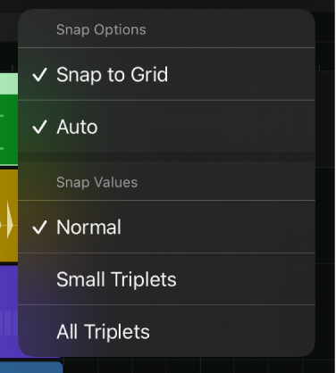 Figure. Snap pop-up menu open showing Snap Options and Snap Values.