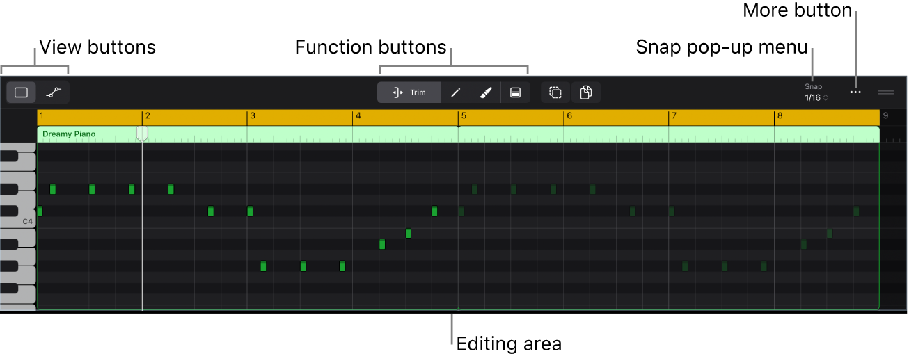 Figure. Piano Roll Editor showing MIDI region with note events.